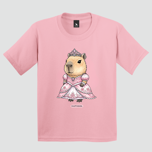 Camiseta infantil rosa com estampa de capivara princesa