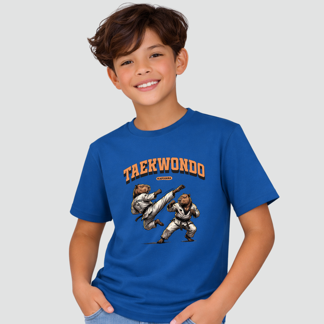 criança usando camiseta capivara taekwondo estampa artes marciais