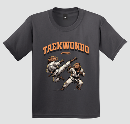 camiseta infantil capivara taekwondo cinza estampa luta