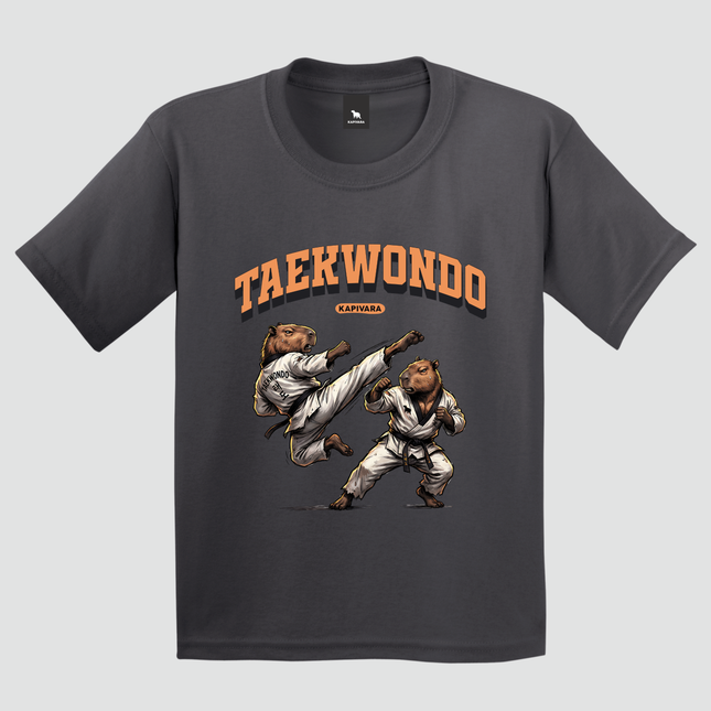 camiseta infantil capivara taekwondo cinza estampa luta