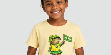 Menina usando camiseta infantil Capivara Torcedora Brasil Copa amarela com estampa de capivara segurando bandeira do Brasil