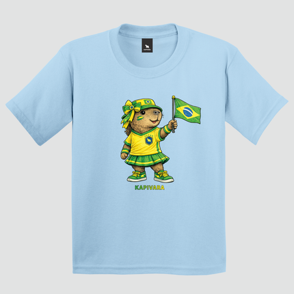 Camiseta infantil Capivara Torcedora Brasil Copa azul com estampa de capivara segurando bandeira do Brasil