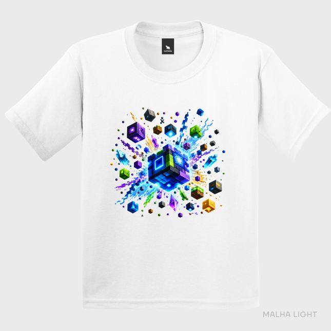 Camiseta infantil branca Malha Light com estampa Cubo Gamer