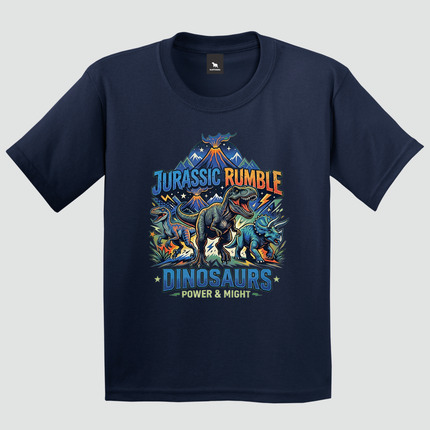 Camiseta infantil Jurassic Rumble azul-marinho com estampa de dinossauros