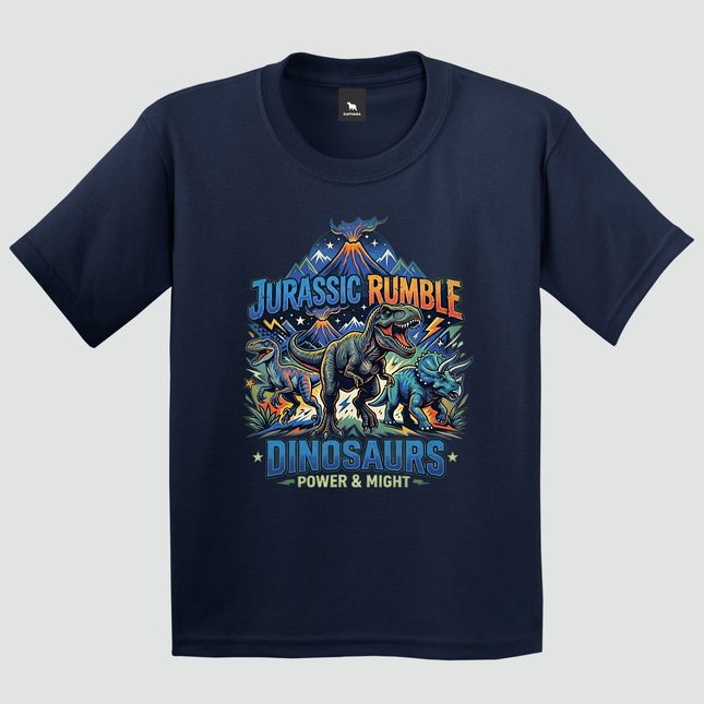 Camiseta infantil Jurassic Rumble azul-marinho com estampa de dinossauros