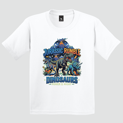 Camiseta infantil branca Jurassic Rumble com estampa de dinossauros