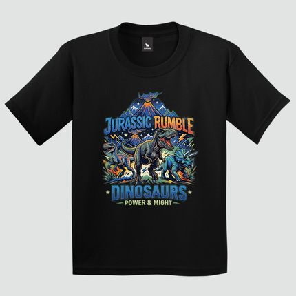 Camiseta infantil preta Jurassic Rumble com estampa de dinossauros