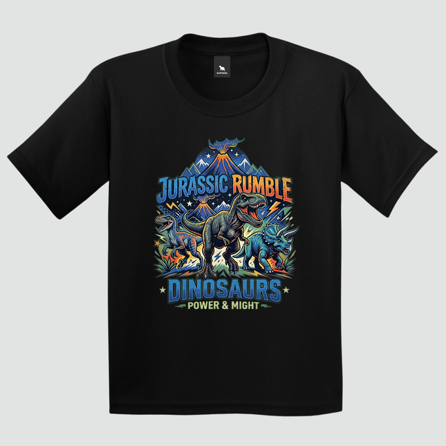 Camiseta infantil preta Jurassic Rumble com estampa de dinossauros