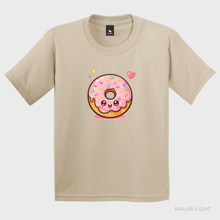 Camiseta infantil areia Malha Light com estampa cute de donut