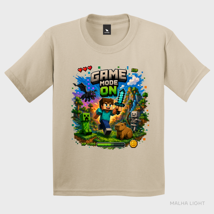 Camiseta infantil areia Malha Light com estampa Game Mode On
