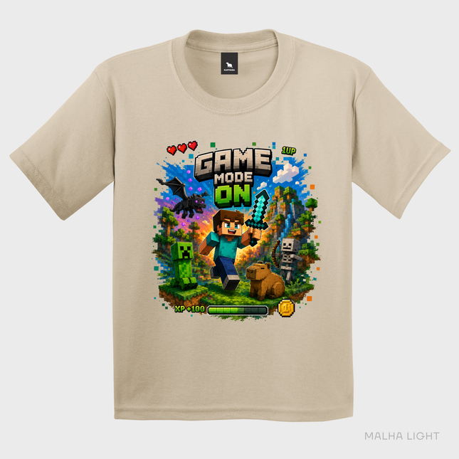 Camiseta infantil areia Malha Light com estampa Game Mode On