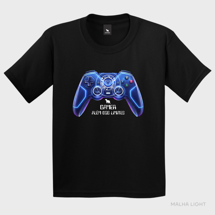 Camiseta infantil preta Malha Light com estampa Gamer Além dos Limites