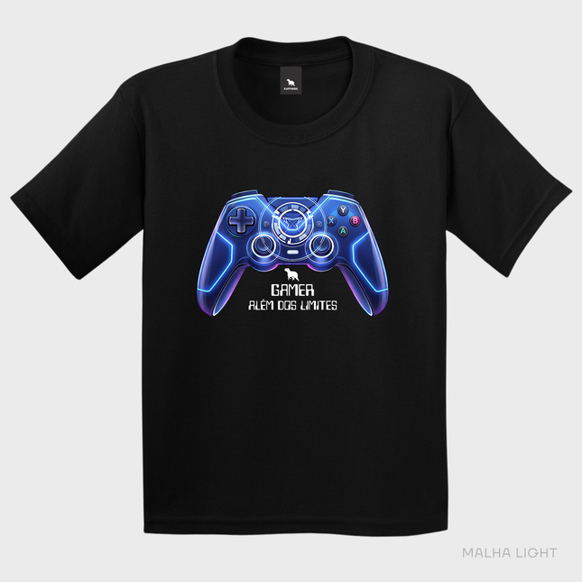 Camiseta infantil preta Malha Light com estampa Gamer Além dos Limites