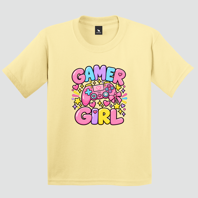 Camiseta infantil Gamer Girl amarela com estampa de controle