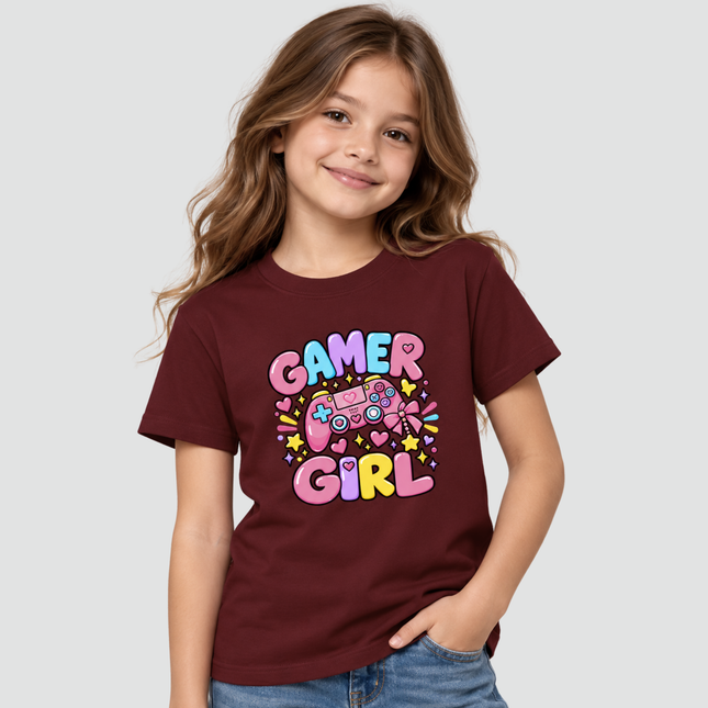 Camiseta infantil Gamer Girl bordô com estampa colorida