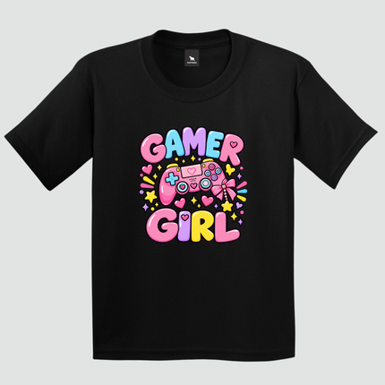 Camiseta infantil Gamer Girl preta com estampa de controle