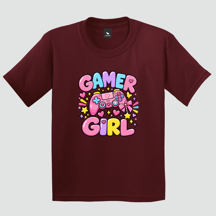 Camiseta infantil Gamer Girl bordô com estampa colorida