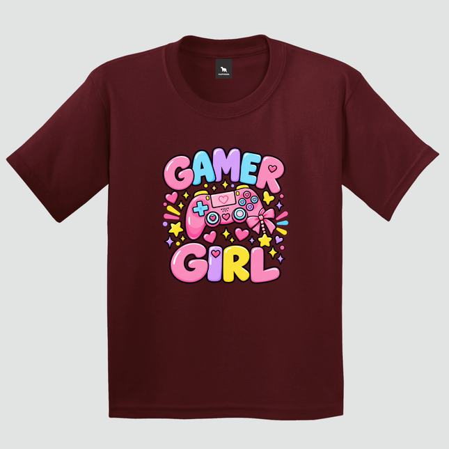 Camiseta infantil Gamer Girl bordô com estampa colorida