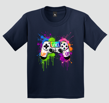 camiseta infantil gamer level up azul marinho estampa controle
