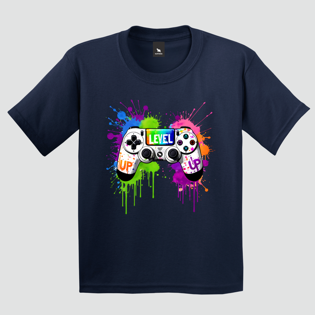 camiseta infantil gamer level up azul marinho estampa controle