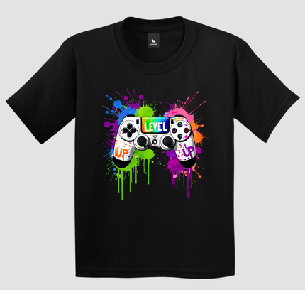 camiseta infantil gamer level up controle colorido preta estampa videogame