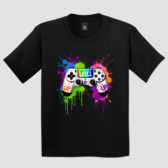 camiseta infantil gamer level up controle colorido preta estampa videogame