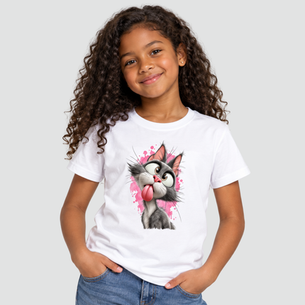 Menina usando Camiseta Infantil Gatinho Divertido branca
