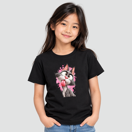 Menina usando Camiseta Infantil Gatinho Divertido preta