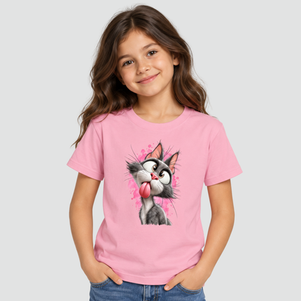 Menina usando Camiseta Infantil Gatinho Divertido rosa