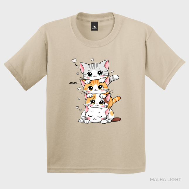 Camiseta infantil areia Malha Light com estampa cute de gatinhos