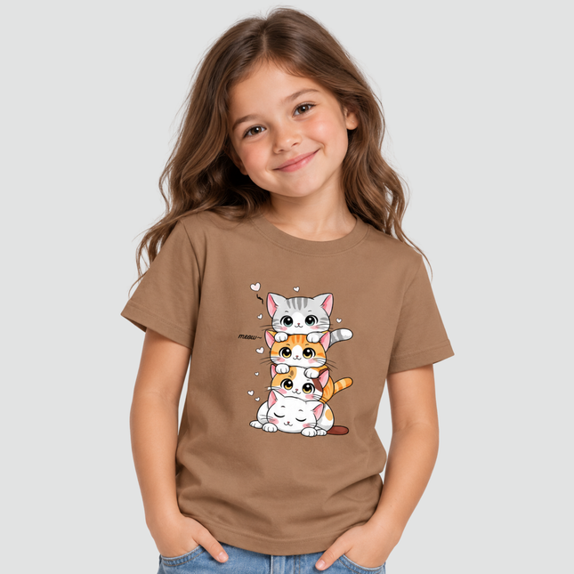 Menina usando Camiseta Infantil Gatinhos Meow cappuccino