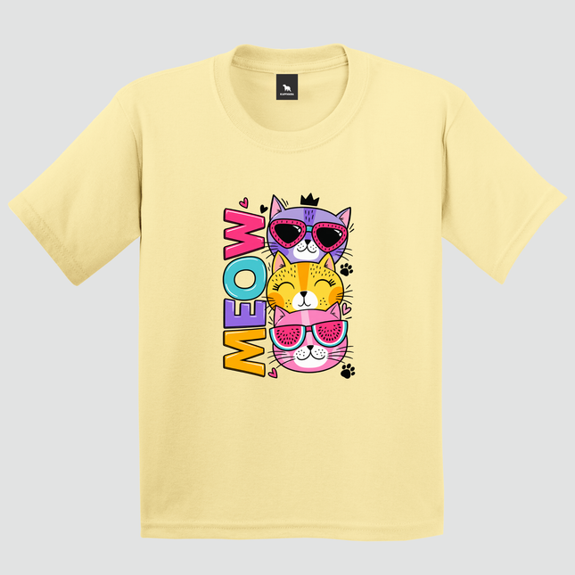 Camiseta infantil amarela 100% algodão com estampa de gatinhos Meow Style