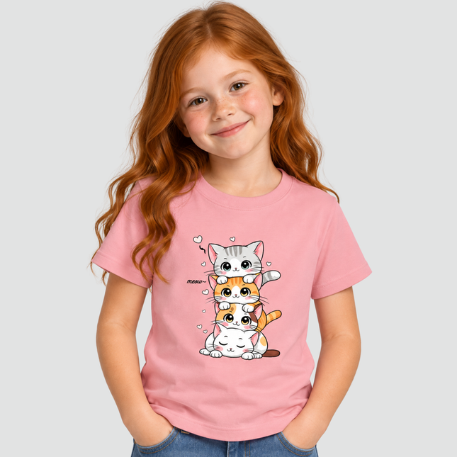 Menina usando Camiseta Infantil Gatinhos Meow rosa