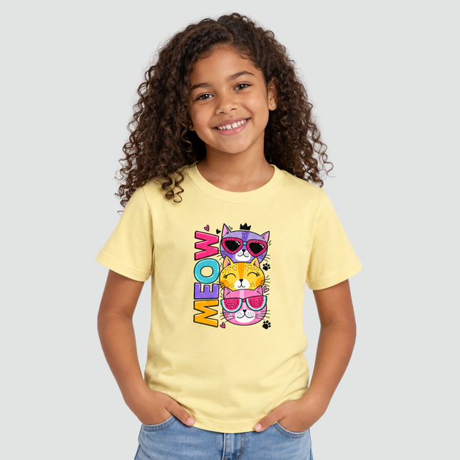 Menina usando camiseta infantil amarela com estampa de gatinhos Meow Style