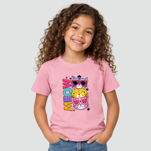 Menina usando camiseta infantil rosa com estampa de gatinhos Meow Style