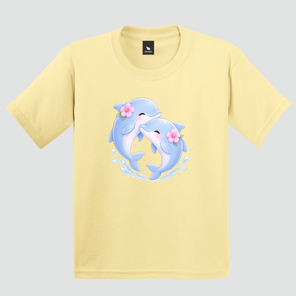Criança usando camiseta infantil amarela com estampa de golfinhos
