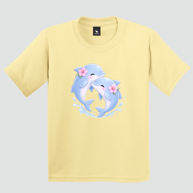 Criança usando camiseta infantil amarela com estampa de golfinhos
