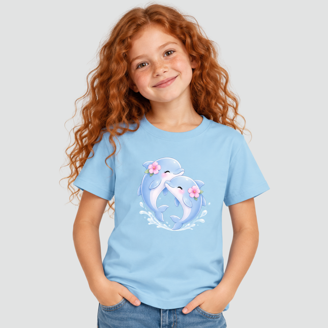 Criança usando camiseta infantil azul-claro com estampa de golfinhos