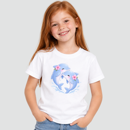 Criança usando camiseta infantil branca com estampa de golfinhos