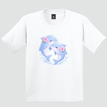 Camiseta infantil branca com estampa de golfinhos