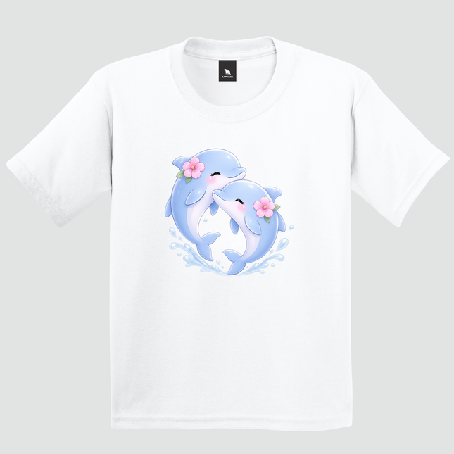 Camiseta infantil branca com estampa de golfinhos
