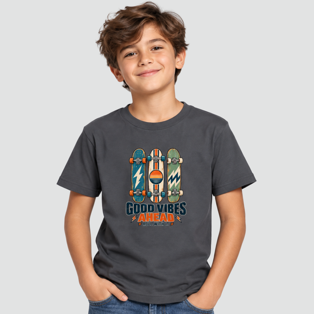 Camiseta Infantil Good Vibes Skate Cinza Chumbo Menino