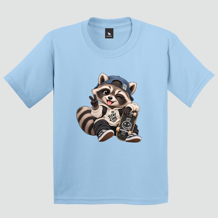Camiseta infantil azul-claro com estampa de guaxinim skatista Stay Cool