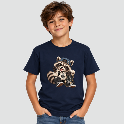 Menino usando camiseta infantil azul-marinho com estampa de guaxinim skatista Stay Cool