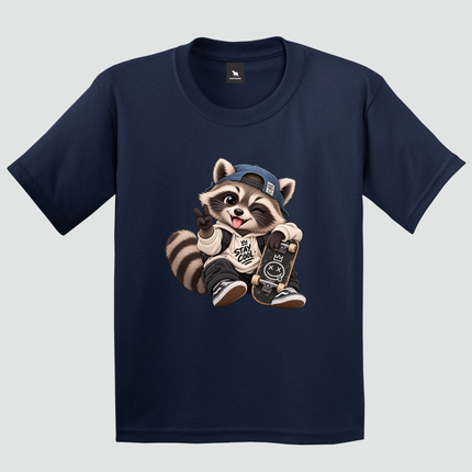 Camiseta infantil azul-marinho com estampa de guaxinim skatista Stay Cool