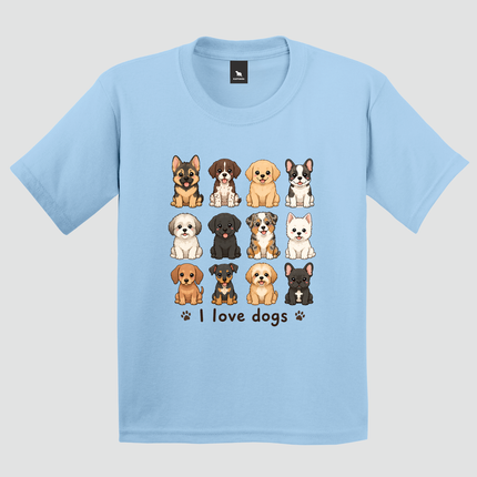 Camiseta infantil azul claro com estampa I Love Dogs e ilustrações de cachorrinhos em Malha Premium 100% algodão fio 30.1 penteado.