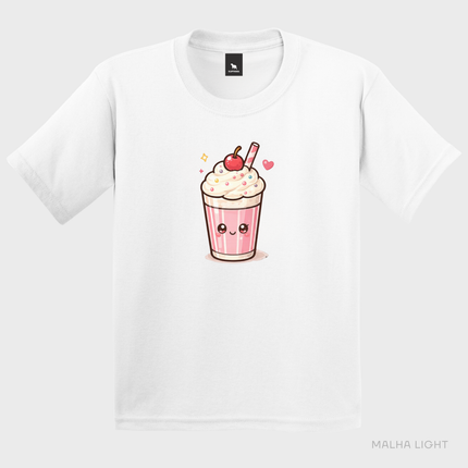 Camiseta infantil branca Malha Light com estampa cute de milkshake