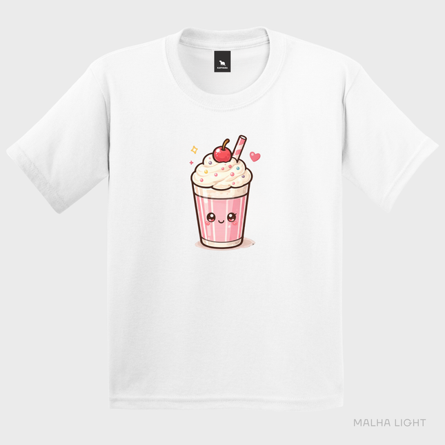 Camiseta infantil branca Malha Light com estampa cute de milkshake
