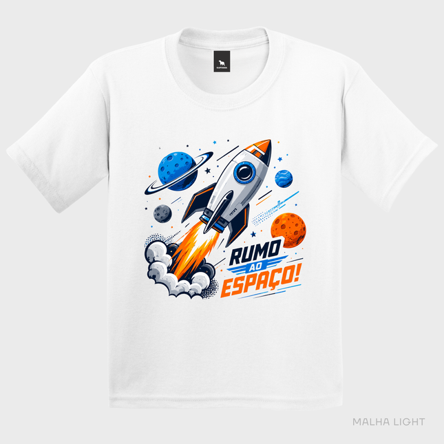 Camiseta infantil branca Malha Light com estampa foguete Rumo ao Espaço