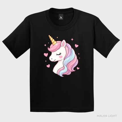 Camiseta infantil preta Malha Light com estampa cute de unicórnio